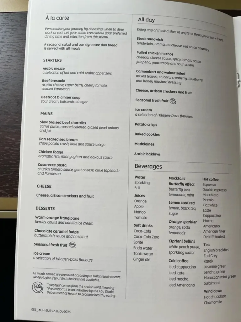 Menu Business Class Etihad