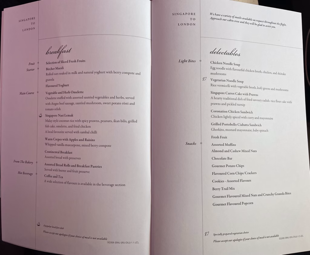 Menu Singapore Airlines Business Class