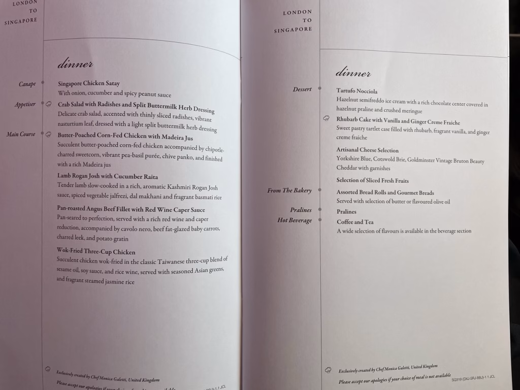 Menu Singapore Airlines Business Class